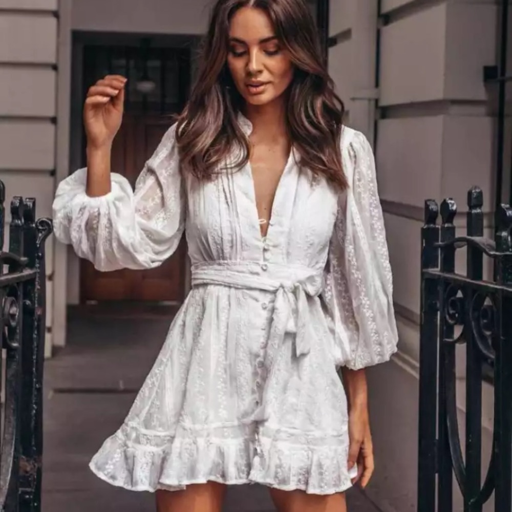 SOLD OUT White Button Up Ruffle Embroidered Floral Dress - Picture 3 of 12